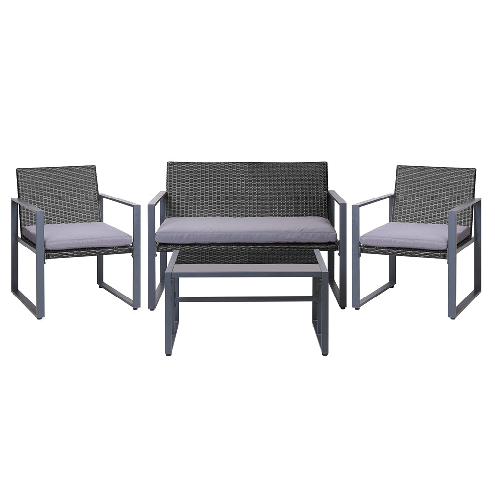Ronald 4-Seater Rattan Furniture Glass Top Table & Chairs 4-Piece Outdoor Sofa Set - Black