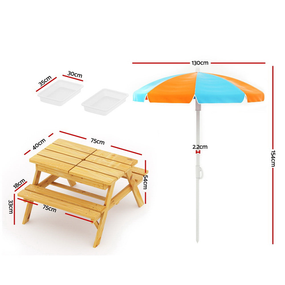 Pablo Kids Table & Chairs Set Outdoor Picnic Bench Umbrella Water Sand Pit Box - Wood