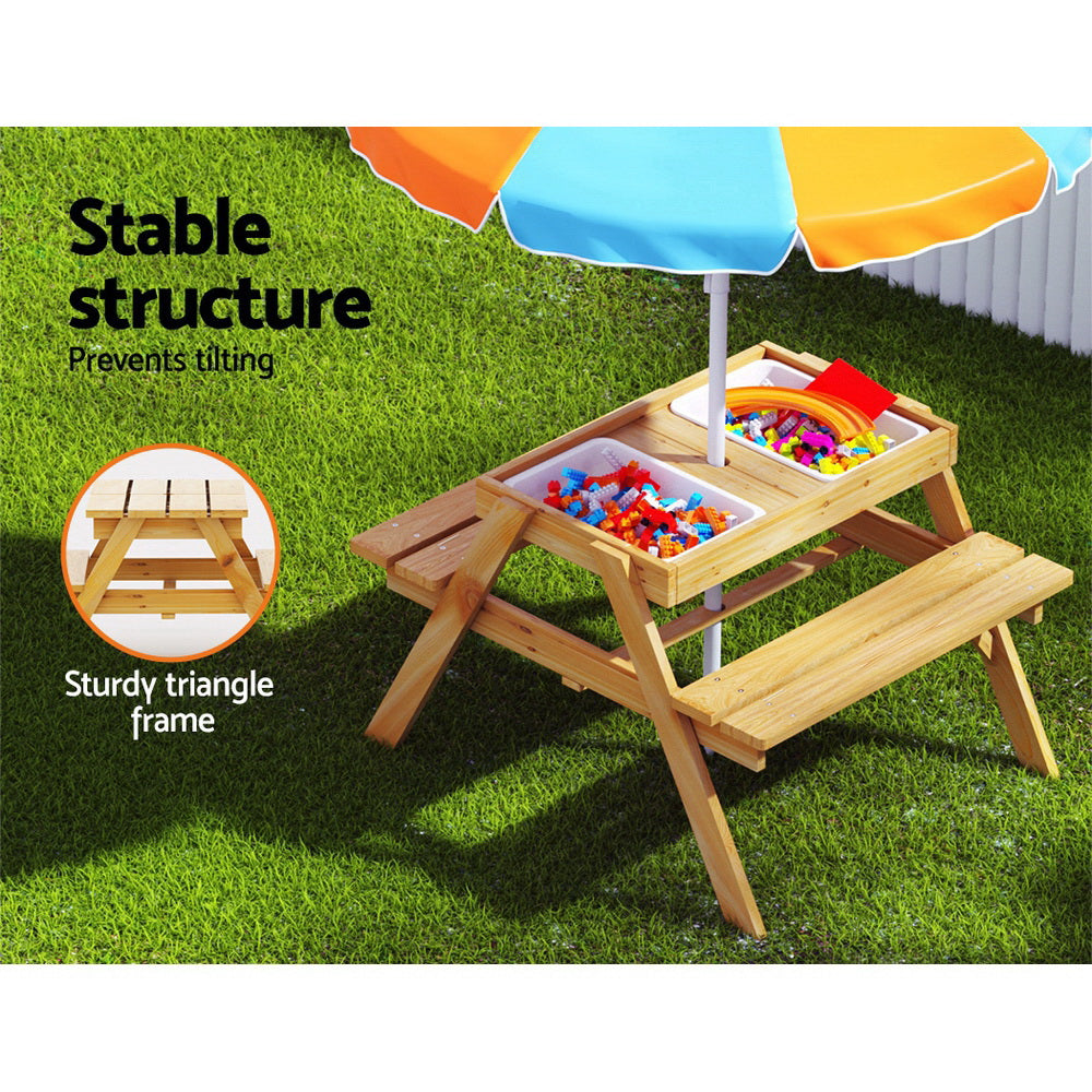 Pablo Kids Table & Chairs Set Outdoor Picnic Bench Umbrella Water Sand Pit Box - Wood