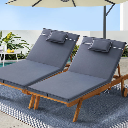 Manchester Set of 2 Outdoor Sun Lounger Wooden Lounge Day Bed Patio Outdoor Setting Furniture with Wheels - Grey