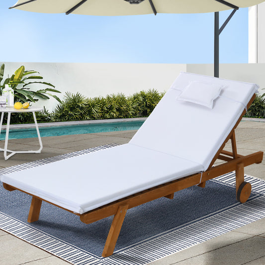 Manchester Outdoor Sun Lounger Wooden Lounge Day Bed Patio Outdoor Setting Furniture with Wheels - White
