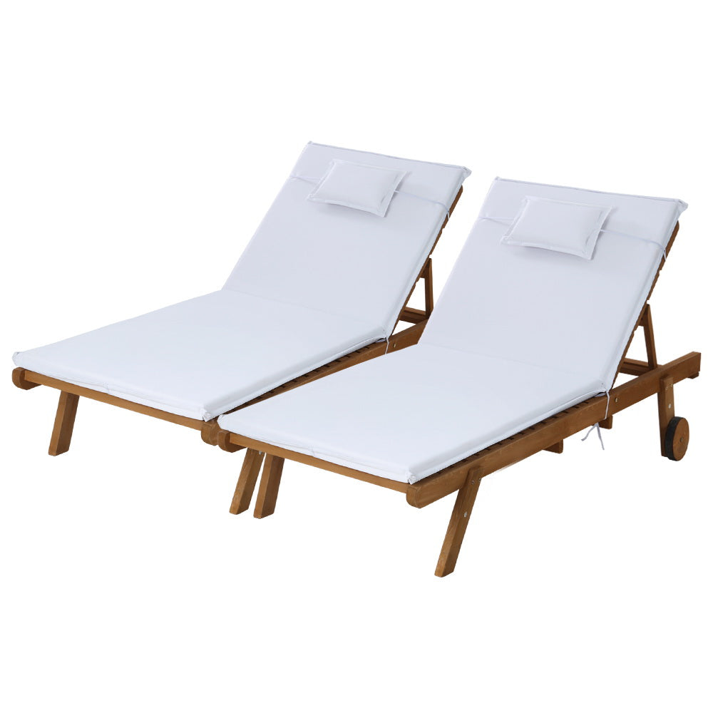 Manchester Set of 2 Outdoor Sun Lounger Wooden Lounge Day Bed Patio Outdoor Setting Furniture with Wheels - White