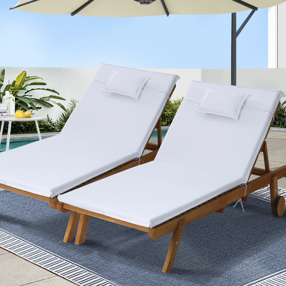 Manchester Set of 2 Outdoor Sun Lounger Wooden Lounge Day Bed Patio Outdoor Setting Furniture with Wheels - White