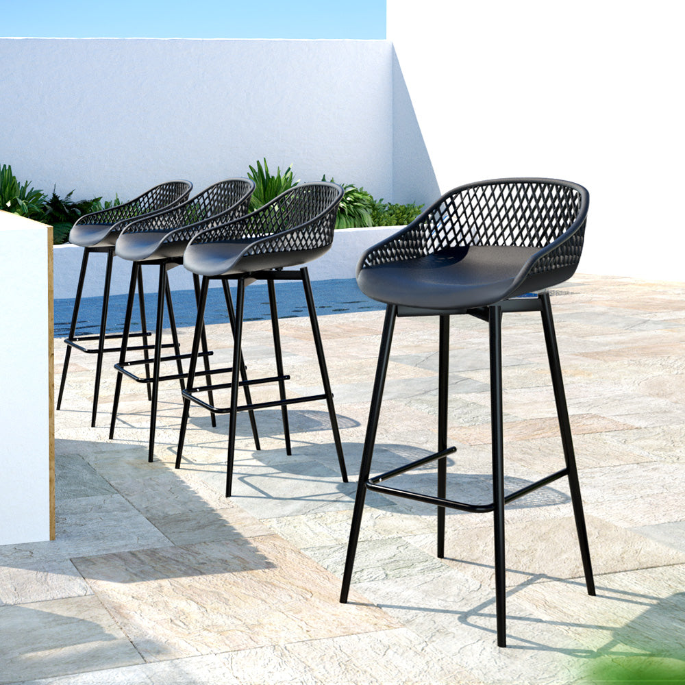 Fica Set of 4 Outdoor Bar Stools Plastic Metal Bistro Patio Dining Chair Balcony - Black