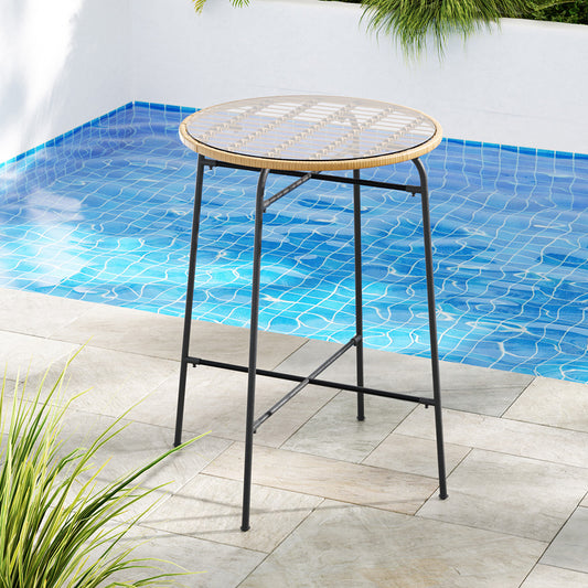 Myles Outdoor Bar Table Wicker Dining Bistro Patio Balcony Glass Table Steel - Wood