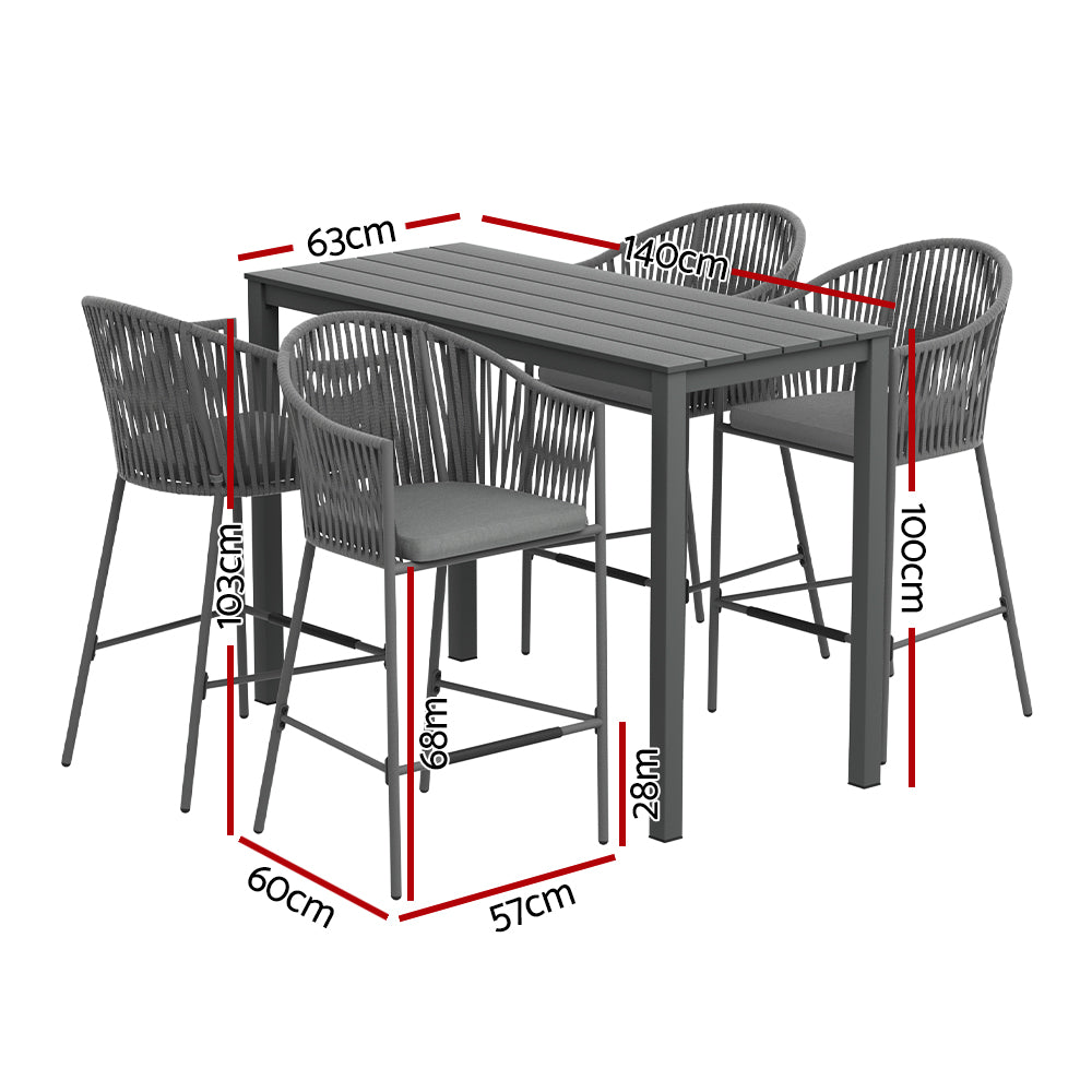 Asher 4-Seater Bar Table Furniture Chairs Table Patio 5-Piece Outdoor Bistro Set - Grey