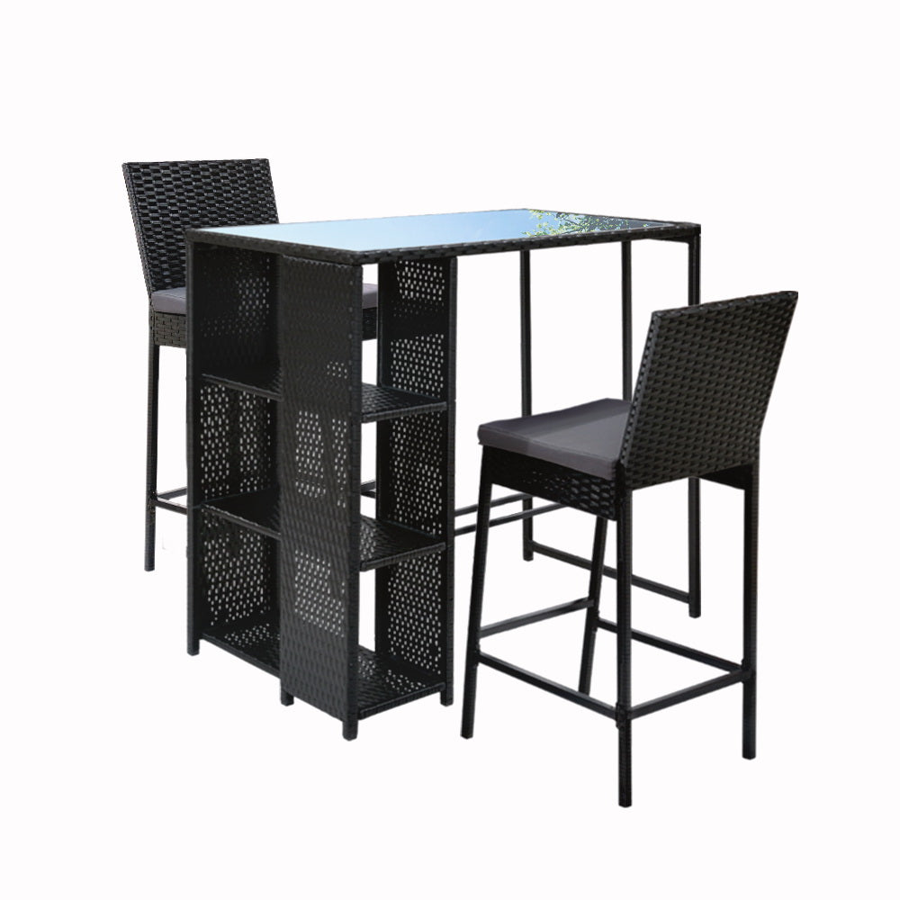 Mark 2-Seater Patio Furniture Chairs Wicker 3-Piece Outdoor Bar Table Stools Set - Black