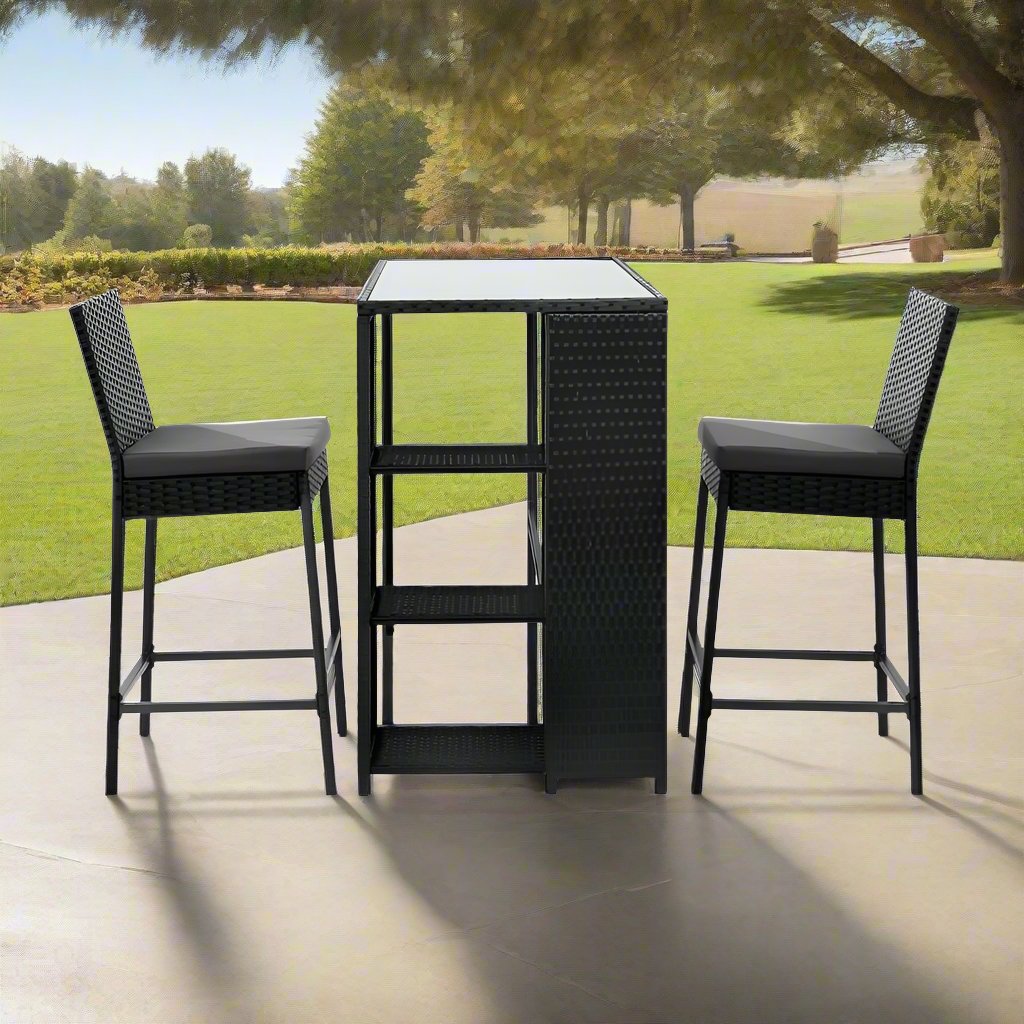 Mark 2-Seater Patio Furniture Chairs Wicker 3-Piece Outdoor Bar Table Stools Set - Black