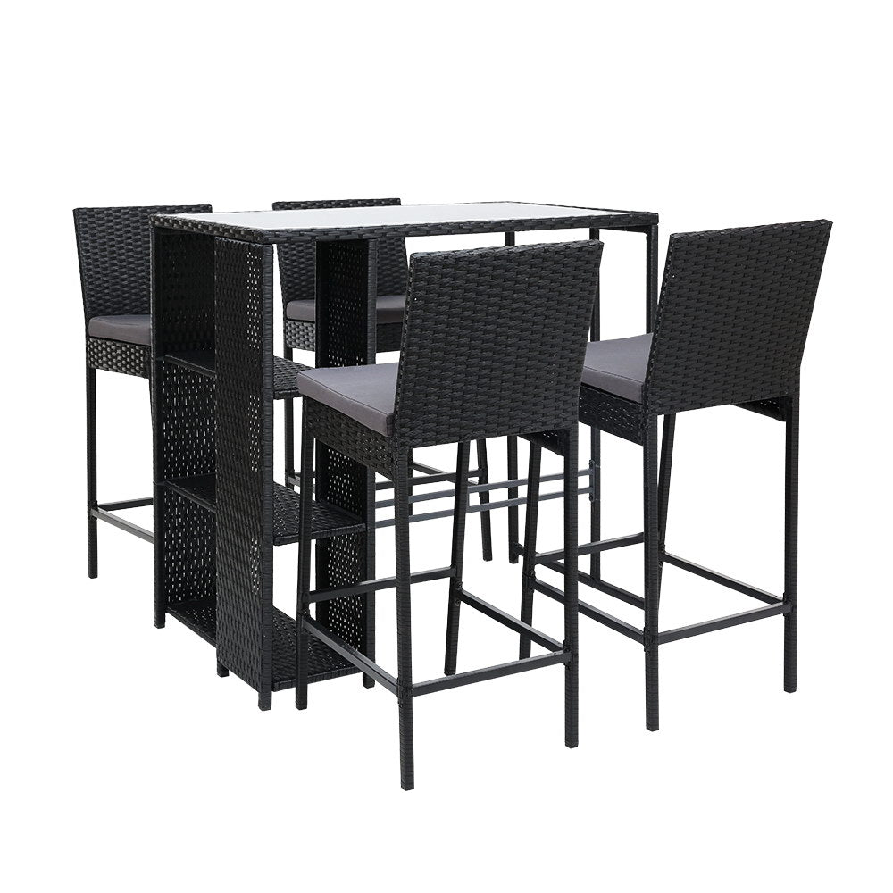 Mark 4-Seater Table Stools Furniture Chairs Wicker Patio Garden 5-Piece Outdoor Bar Set - Black