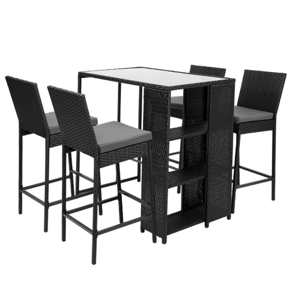 Mark 4-Seater Table Stools Furniture Chairs Wicker Patio Garden 5-Piece Outdoor Bar Set - Black