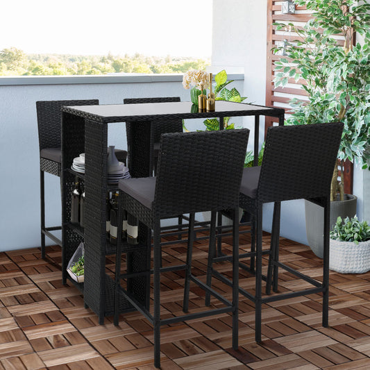 Mark 4-Seater Table Stools Furniture Chairs Wicker Patio Garden 5-Piece Outdoor Bar Set - Black