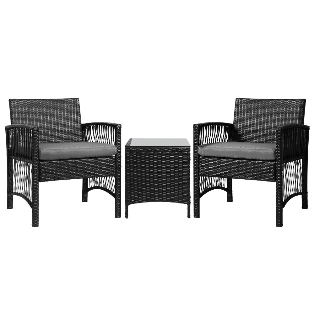 Westhoughton 2-Seater Patio Furniture Chairs Wicker 3-Piece Outdoor Bistro Set - Black