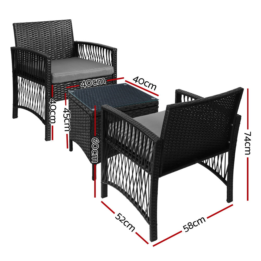 Westhoughton 2-Seater Patio Furniture Chairs Wicker 3-Piece Outdoor Bistro Set - Black