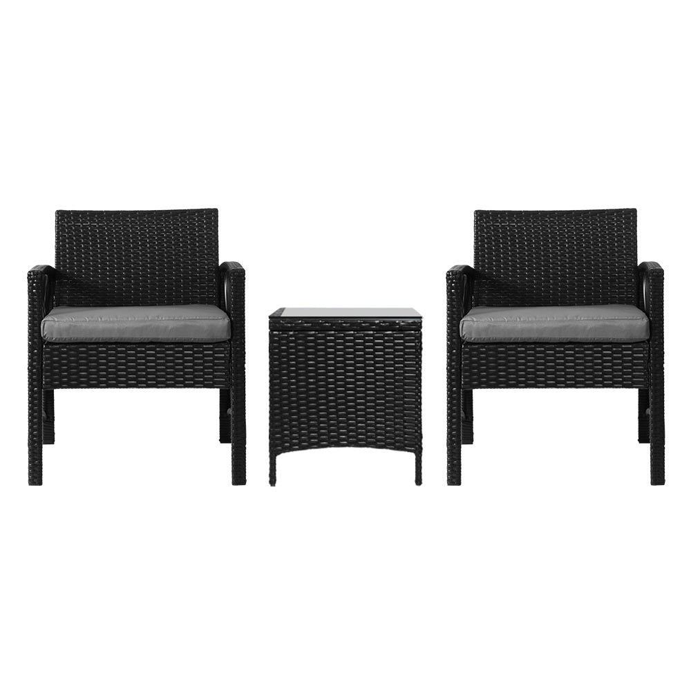 Westhoughton 2-Seater Patio Furniture Chairs Wicker 3-Piece Outdoor Bistro Set - Black