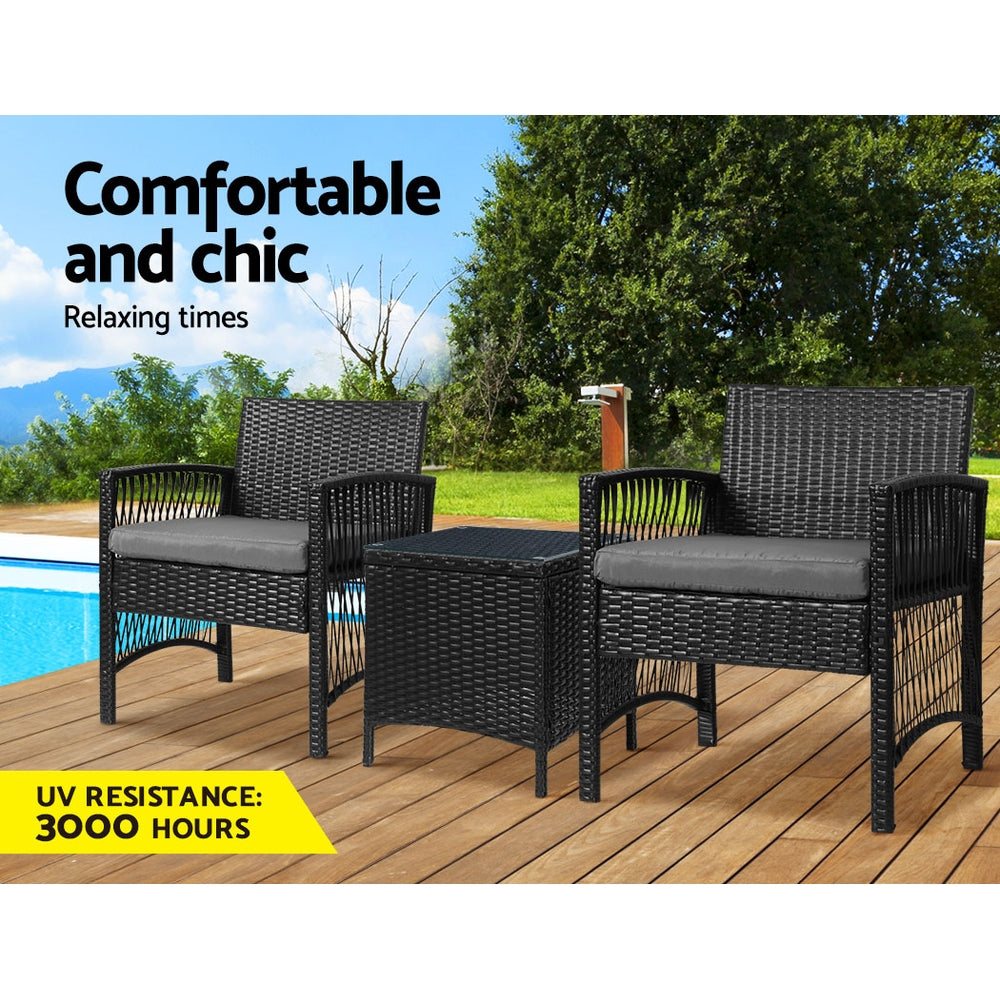 Westhoughton 2-Seater Patio Furniture Chairs Wicker 3-Piece Outdoor Bistro Set - Black