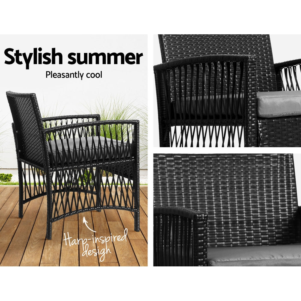 Westhoughton 2-Seater Patio Furniture Chairs Wicker 3-Piece Outdoor Bistro Set - Black