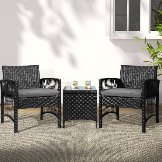 Westhoughton 2-Seater Patio Furniture Chairs Wicker 3-Piece Outdoor Bistro Set - Black