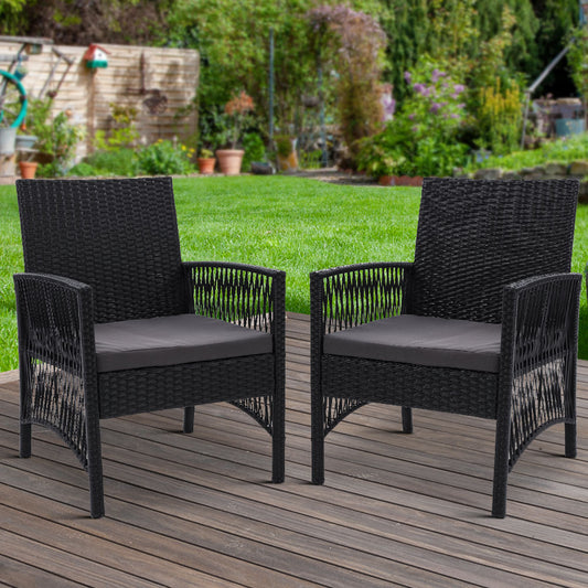 Mitchell Set of 2 Outdoor Dining Chairs Patio Furniture Wicker Lounge Chair Garden - Black