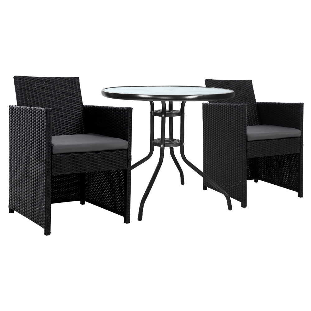 Stella 2-Seater Patio Furniture Chairs Table Wicker Tea Coffee Cafe Bar 3-Piece Outdoor Bistro Set - Black