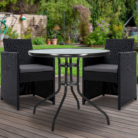 Stella 2-Seater Patio Furniture Chairs Table Wicker Tea Coffee Cafe Bar 3-Piece Outdoor Bistro Set - Black