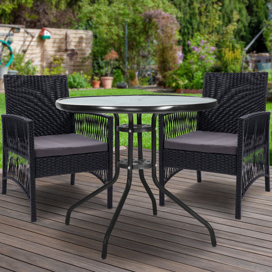 Shanklin 2-Seater Chairs Wicker Garden Patio Cushion Tea Coffee Cafe Bar 3-Piece Outdoor Furniture - Black