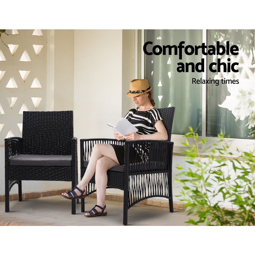 Shanklin 2-Seater Chairs Wicker Garden Patio Cushion Tea Coffee Cafe Bar 3-Piece Outdoor Furniture - Black