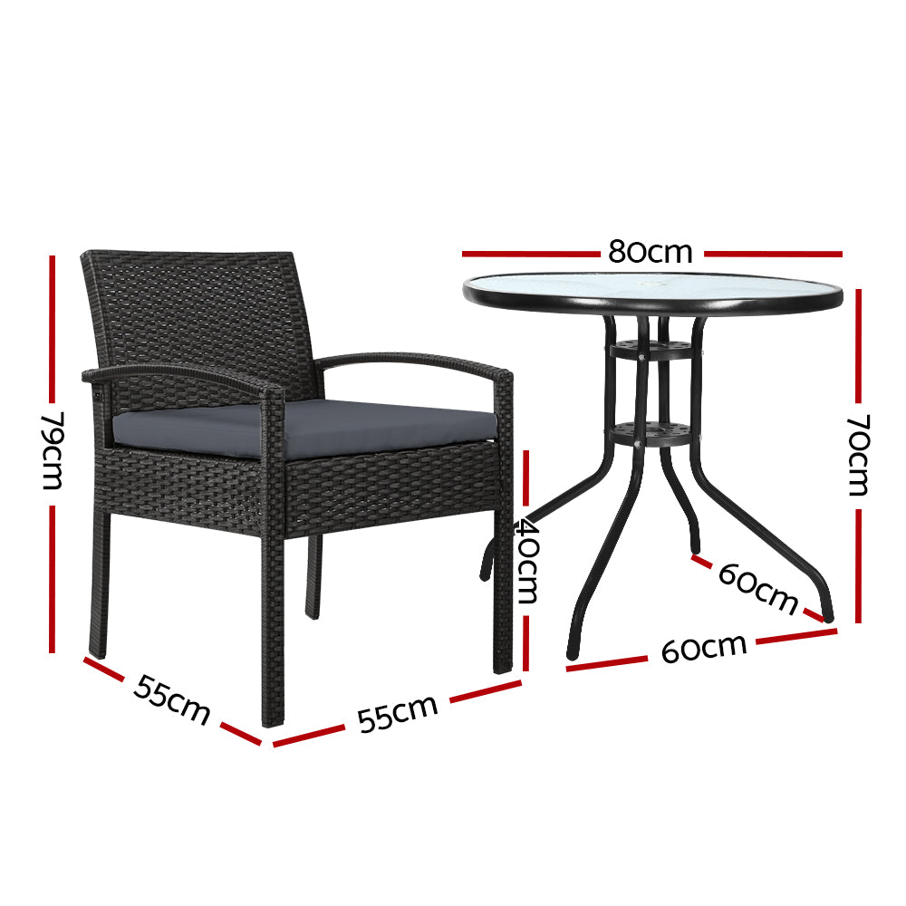 Burgess 2-Seater Furniture Chairs Wicker Garden Patio Cushion Tea Coffee Cafe Bar 3-Piece Outdoor Sofa - Black