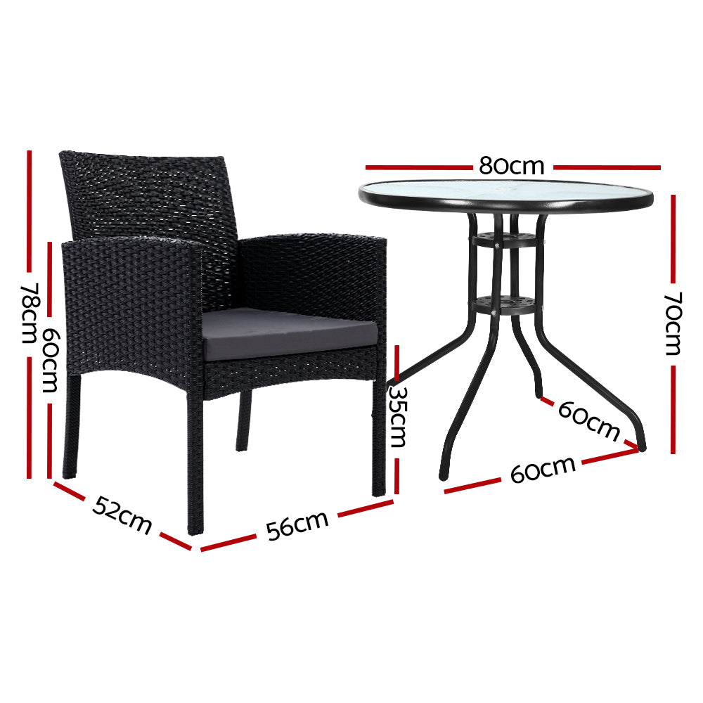 Shane 2-Seater Chairs Patio Furniture Chair Wicker Garden Cushion Tea Coffee Cafe Bar 3-Piece Outdoor Bistro Set - Black