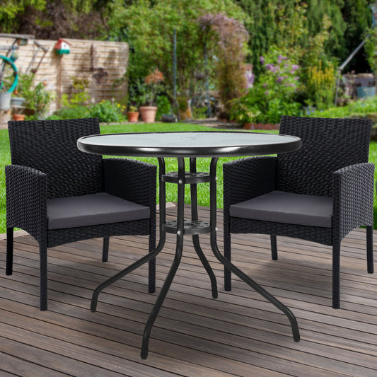 Shane 2-Seater Chairs Patio Furniture Chair Wicker Garden Cushion Tea Coffee Cafe Bar 3-Piece Outdoor Bistro Set - Black