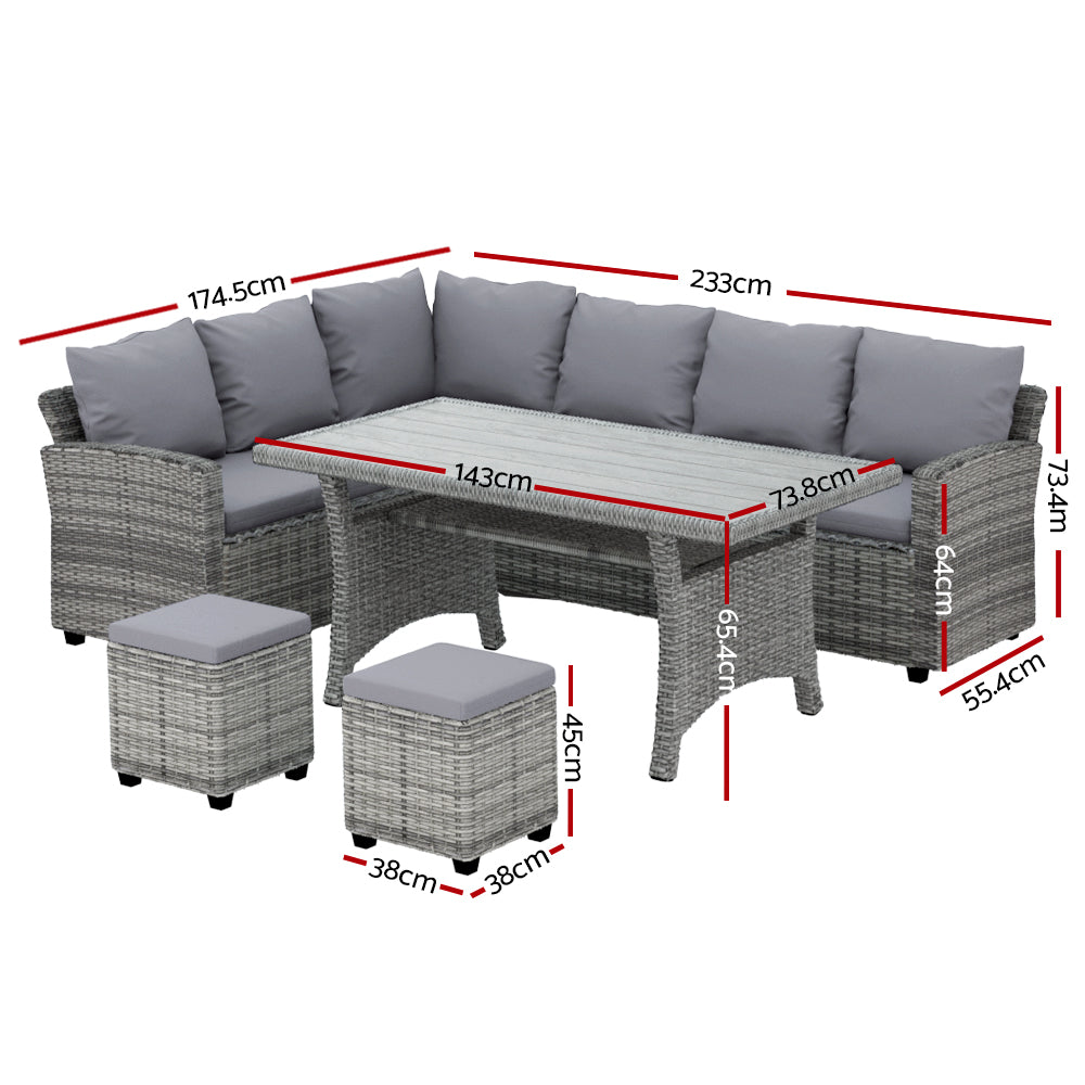 Zion 8-Seater Furniture Lounge Sofa Wicker Ottoman 5-Piece Outdoor Dining Set - Grey