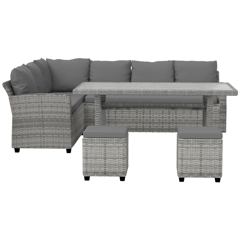 Zion 8-Seater Furniture Lounge Sofa Wicker Ottoman 5-Piece Outdoor Dining Set - Grey