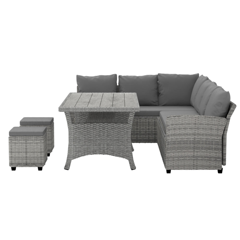 Zion 8-Seater Furniture Lounge Sofa Wicker Ottoman 5-Piece Outdoor Dining Set - Grey