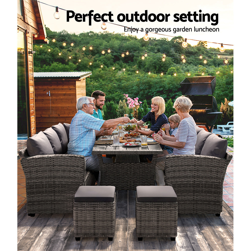 Zion 8-Seater Furniture Lounge Sofa Wicker Ottoman 5-Piece Outdoor Dining Set - Grey