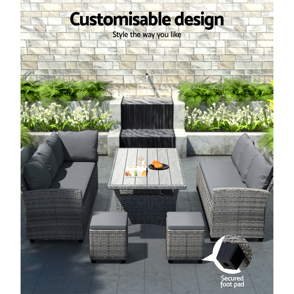 Zion 8-Seater Furniture Lounge Sofa Wicker Ottoman 5-Piece Outdoor Dining Set - Grey