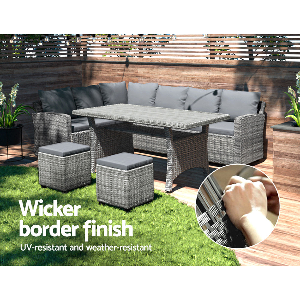 Zion 8-Seater Furniture Lounge Sofa Wicker Ottoman 5-Piece Outdoor Dining Set - Grey