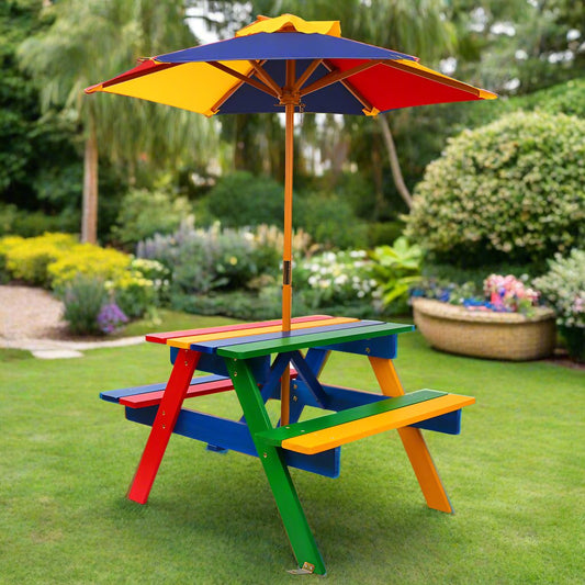 Portia Kids Table & Chairs Set Kids Wooden Picnic with Umbrella - Multicolour