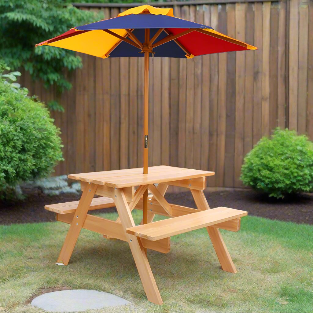 Portia Kids Table & Chairs Set Kids Wooden Picnic with Umbrella - Natural