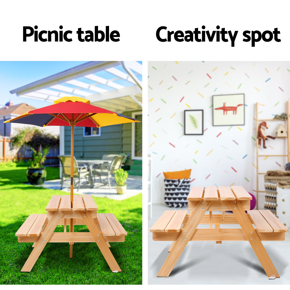 Portia Kids Table & Chairs Set Kids Wooden Picnic with Umbrella - Natural