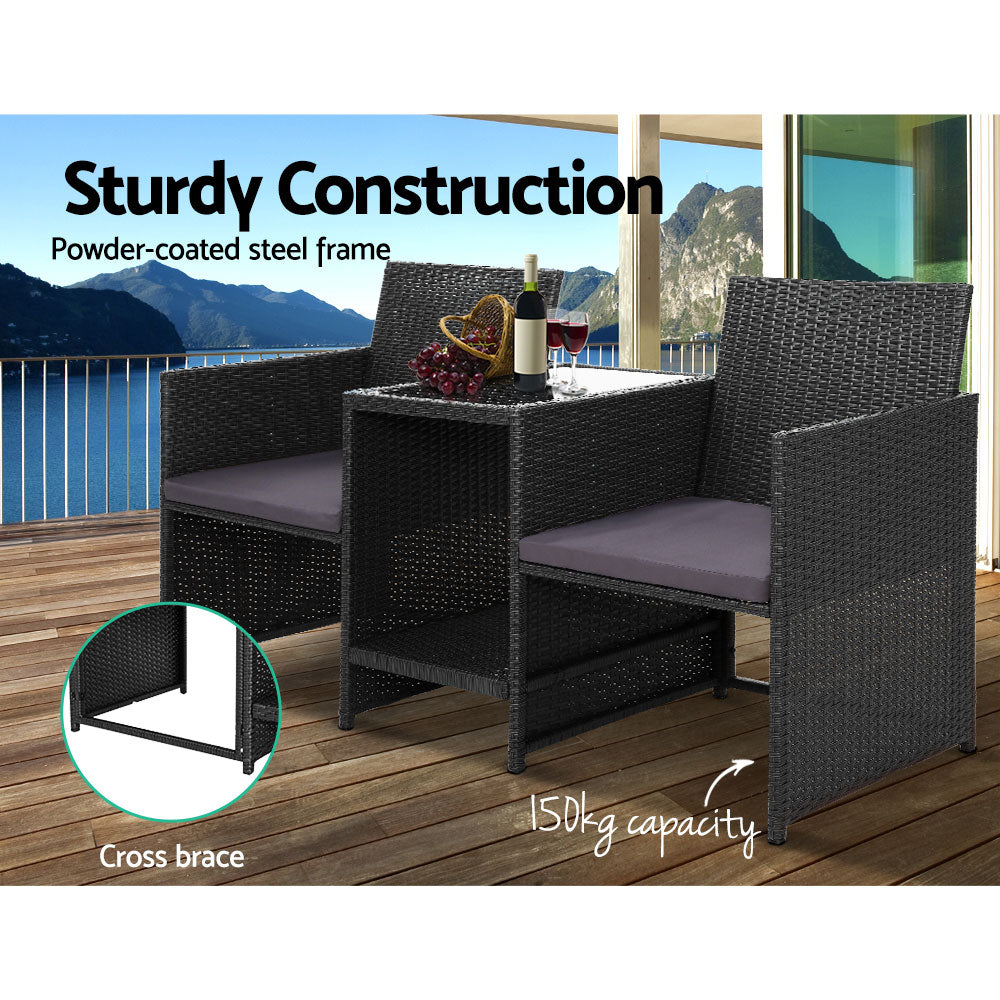 Archie 2-Seater Wicker Loveseat Bistro Patio Garden Furniture Outdoor Setting - Black