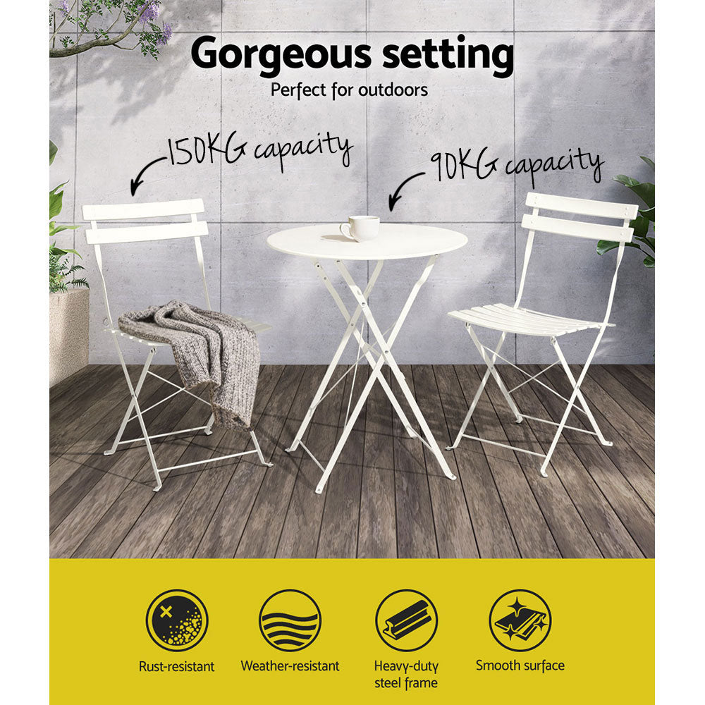 Andre 2-Seater Steel Table and Chairs Patio Furniture 3-Piece Outdoor Bistro Set - White