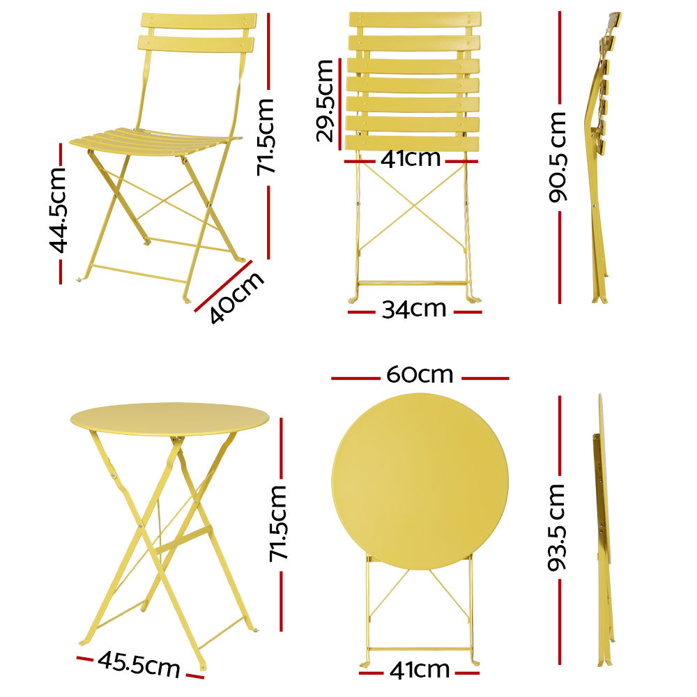 Andre 2-Seater Steel Table and Chairs Patio Furniture 3-Piece Outdoor Bistro Set - Yellow