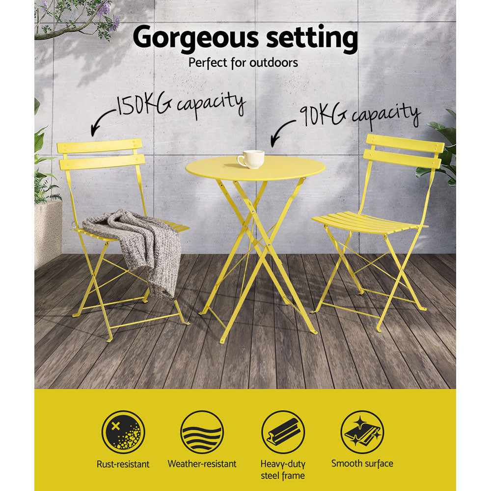 Andre 2-Seater Table and Chairs Folding Patio Furniture 3-Piece Outdoor Setting - Yellow