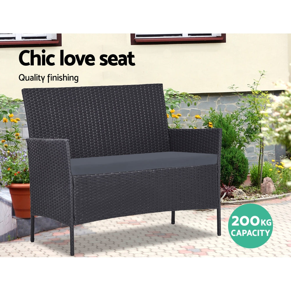Justin 4-Seater Wicker Setting Table Chair Furniture 4-Piece Outdoor Sofa Set - Black