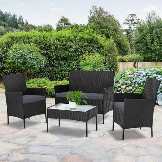 Justin 4-Seater Wicker Setting Table Chair Furniture 4-Piece Outdoor Sofa Set - Black