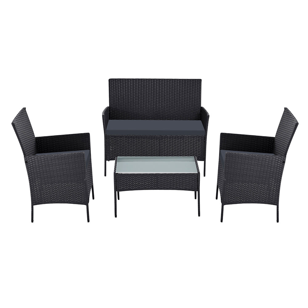 Justin 4-Seater Wicker Table Chair 4-Piece Outdoor Sofa Set with Storage Cover - Black