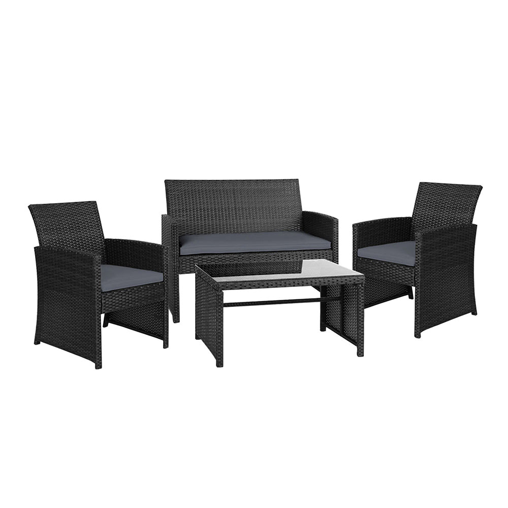 Slough 4-Seater Rattan Chair Table Setting Garden Furniture 4-Piece Outdoor Sofa Set - Black