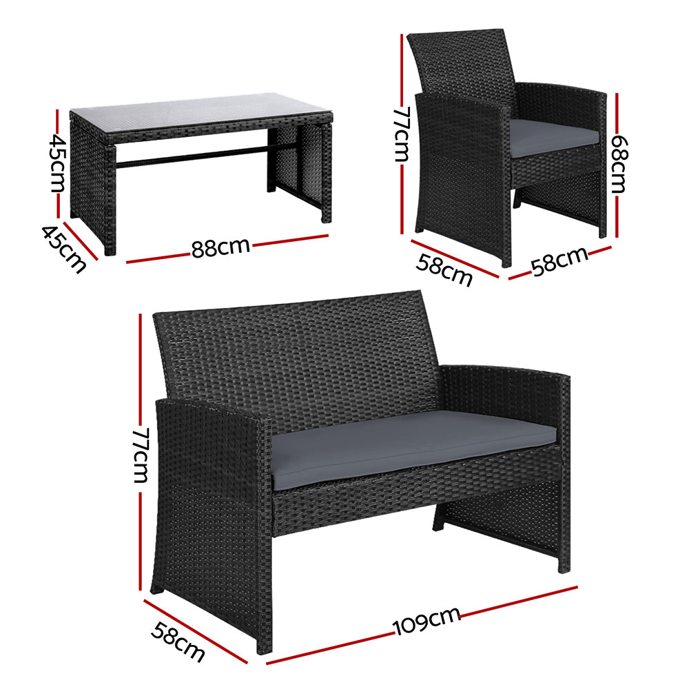 Slough 4-Seater Rattan Patio Wicker 4-Piece Outdoor Lounge Set - Black