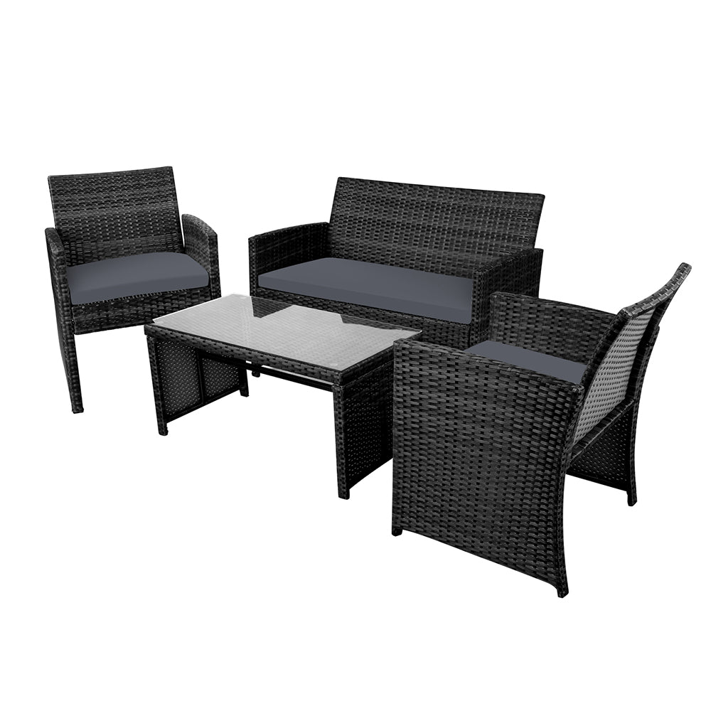 Slough 4-Seater Rattan Chair Furniture 4-Piece Outdoor Sofa Set with Storage Cover - Black