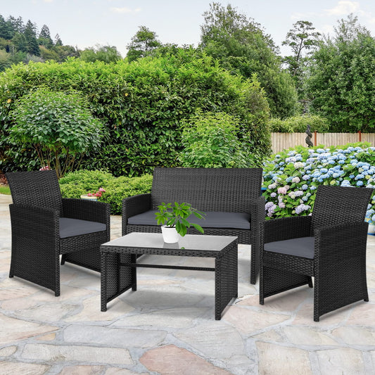Slough 4-Seater Rattan Furniture Wicker Dining 4-Piece Outdoor Lounge Set with Storage Cover - Black