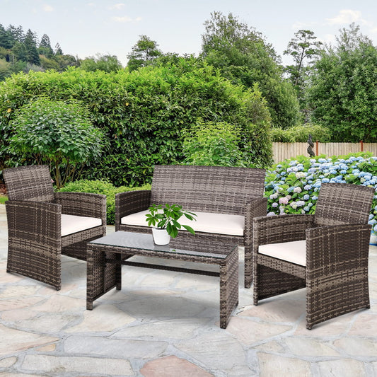 Slough 4-Seater Rattan Chair Furniture 4-Piece Outdoor Sofa Set with Storage Cover - Grey